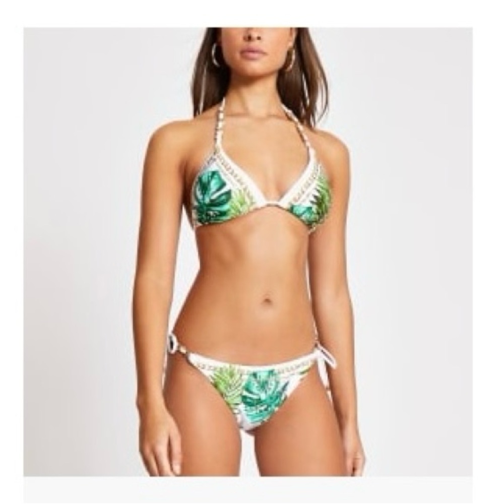 River Island White palm leaf printed tie side bikini top & bottoms